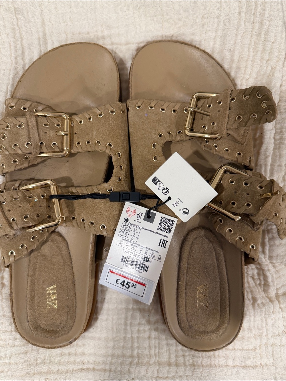 Zara Taupe Double-Buckle Slide Sandals with Gold Buckles